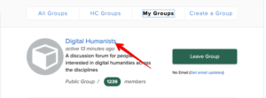 Image displays an arrow to the link for Digital Humanists under the "My Groups" tab.