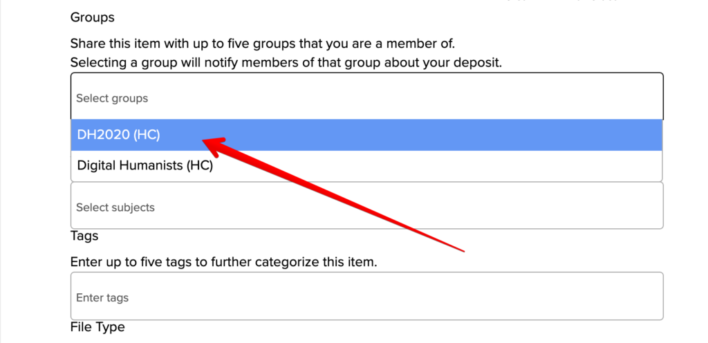 Shows partial image of the form that says Groups with a red arrow pointing to DH2020 (HC) in the dropdown