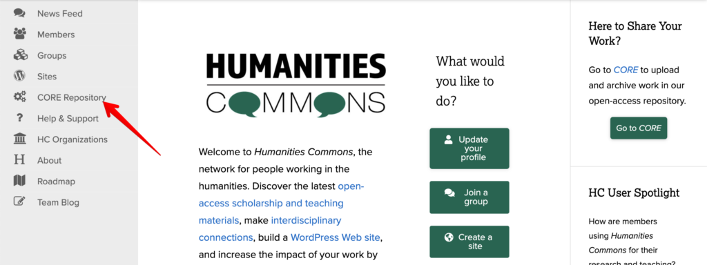 Shows arrow pointing to the "Core Repository" link on the left sidebar