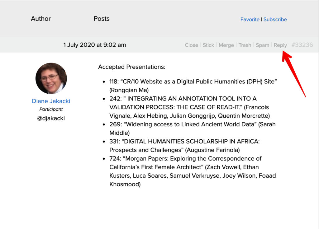 Shows a topic being displayed. On the top right, there is a red arrow pointing to the Reply button.