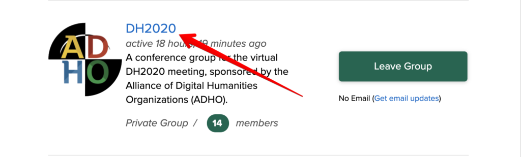 Shows image of the Groups portal with a red arrow pointed towards the "DH2020" group link