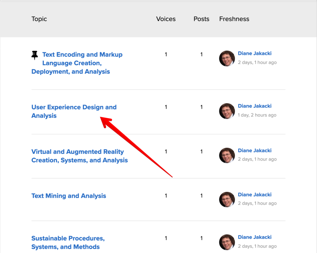 Shows a screenshot of the discussion portal for DH2020. A list of topics is available. A red arrow points to the "User Experience Design and Analysis" topic, which is used as an example.