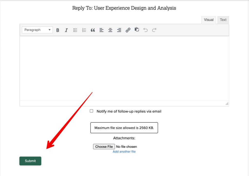 Shows image of text area with a red arrow pointing to the Submit button in the lower left.