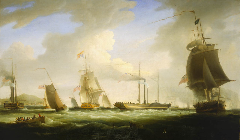 painting of a steamship and several sailing vessels in Holyhead harbour