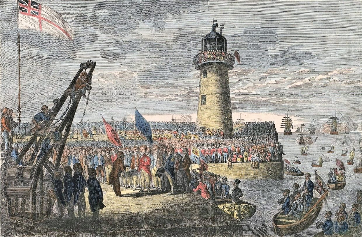 etching showing King George IV surrounded by the people of Holyhead