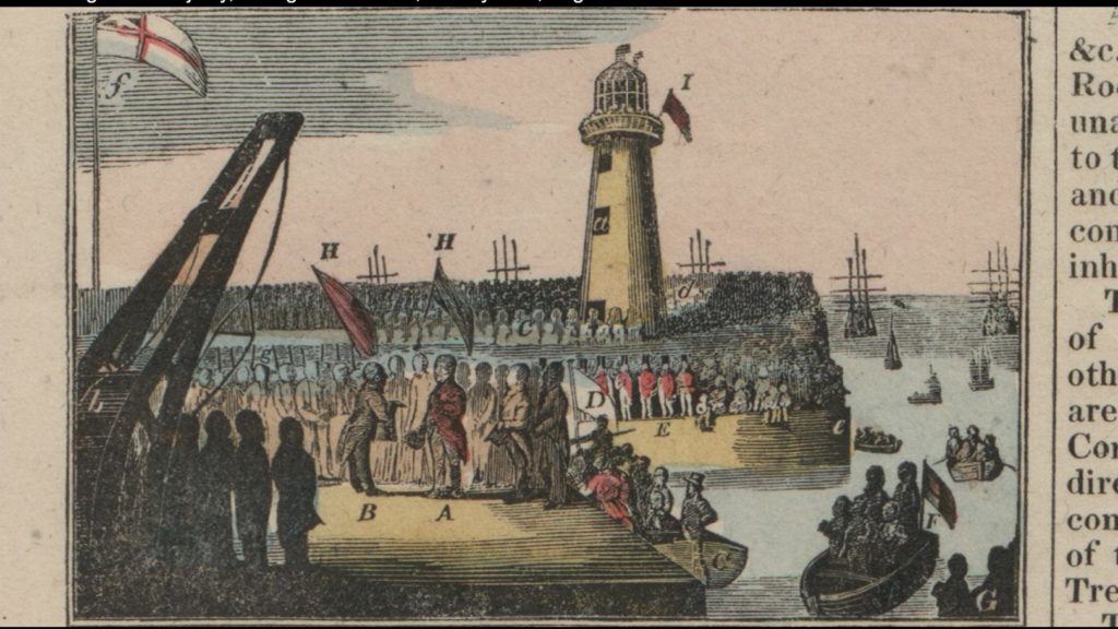 engraving of King George IV surrounded by a Holyhead crowd