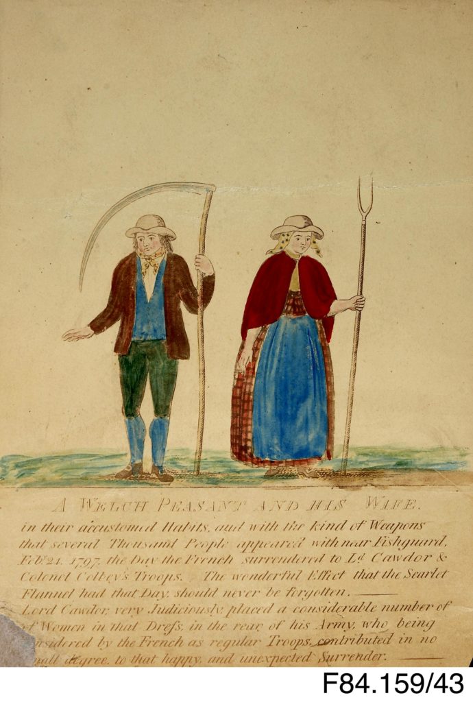 Aquatint showing Welsh peasants carrying farm implements as weapons and an accompanying brief text referencing the French invasion at Fishguard.