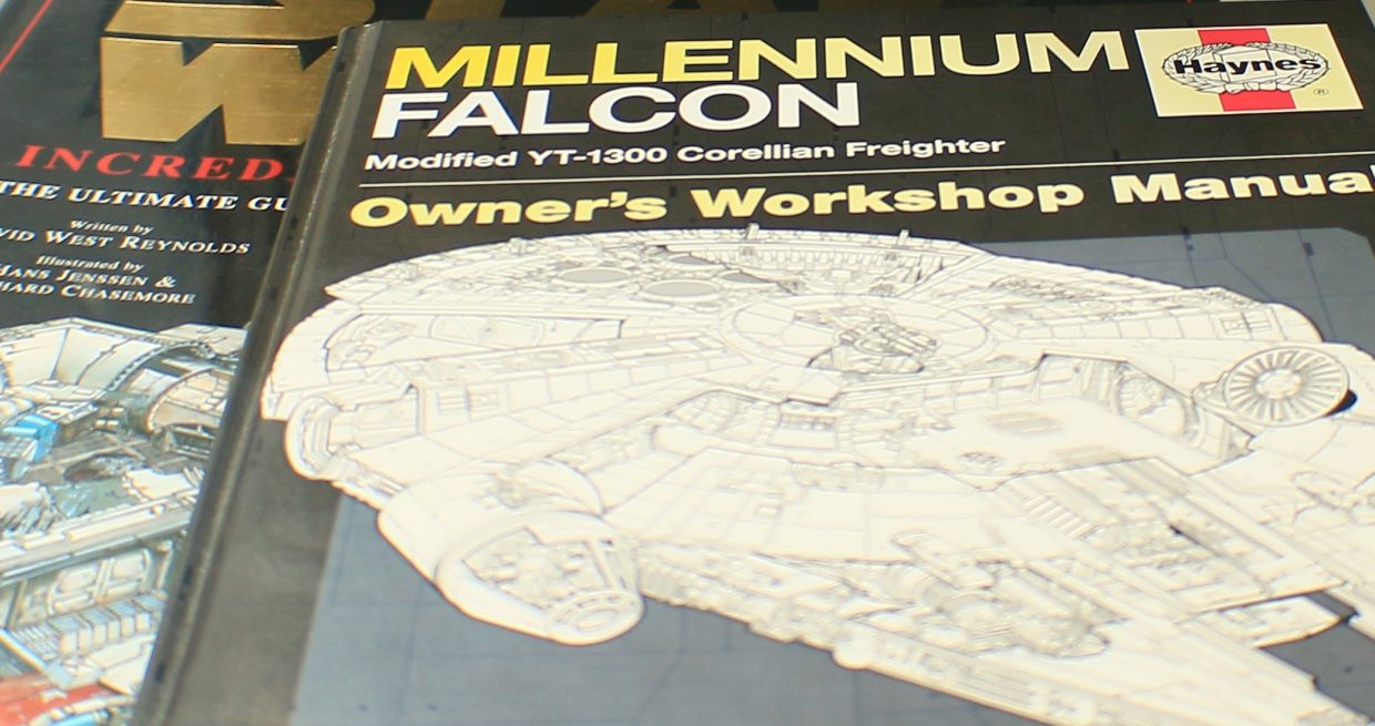 close-up of a book about the Millennium Falcon