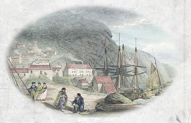 historical view of Barmouth from the beach in late eighteenth century