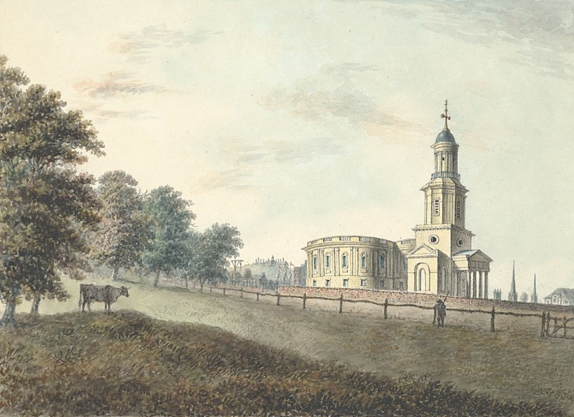 watercolour drawing of St Chads church in the background and a sloping common with a grazing cow and some leafy trees in the foreground