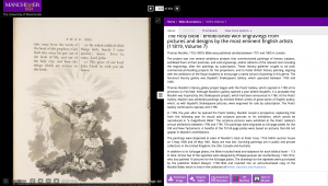 Screen shot of Manchester Digital Collections viewer, showing a page from the Macklin Bible with an engraving by Philip James de Loutherbourg, and metadata