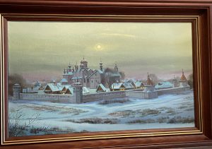 An oil painting of a walled monastery in the winter.