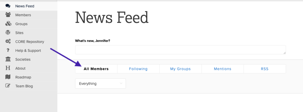 screenshot with arrow pointing out horizontal filters for following, my groups, et cetera.