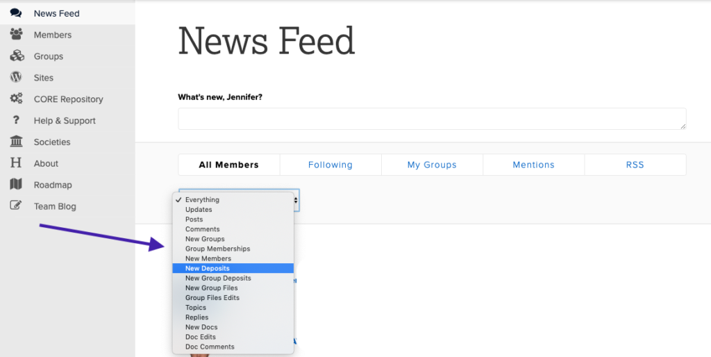 screenshot of news feed page with drop down filters for types of activity.