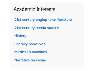 screenshot of academic interests listed in a profile.