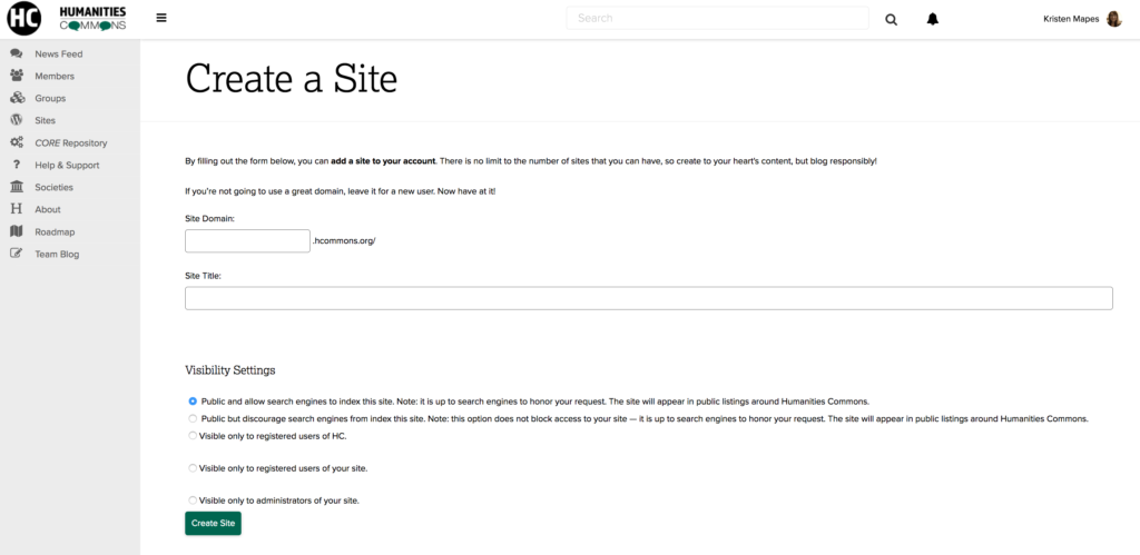 Screenshot of "Create a site" page showing titling and privacy options