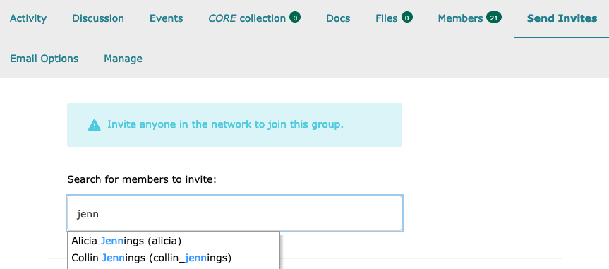 Screenshot of screen to invite members of the network to the group
