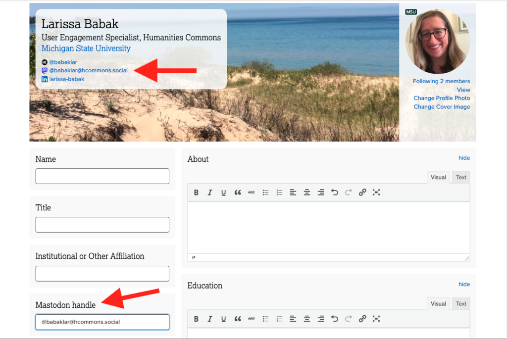 A screenshot of a Humanities Commons profile in edit mode. Arrows point to the Mastodon sections. 