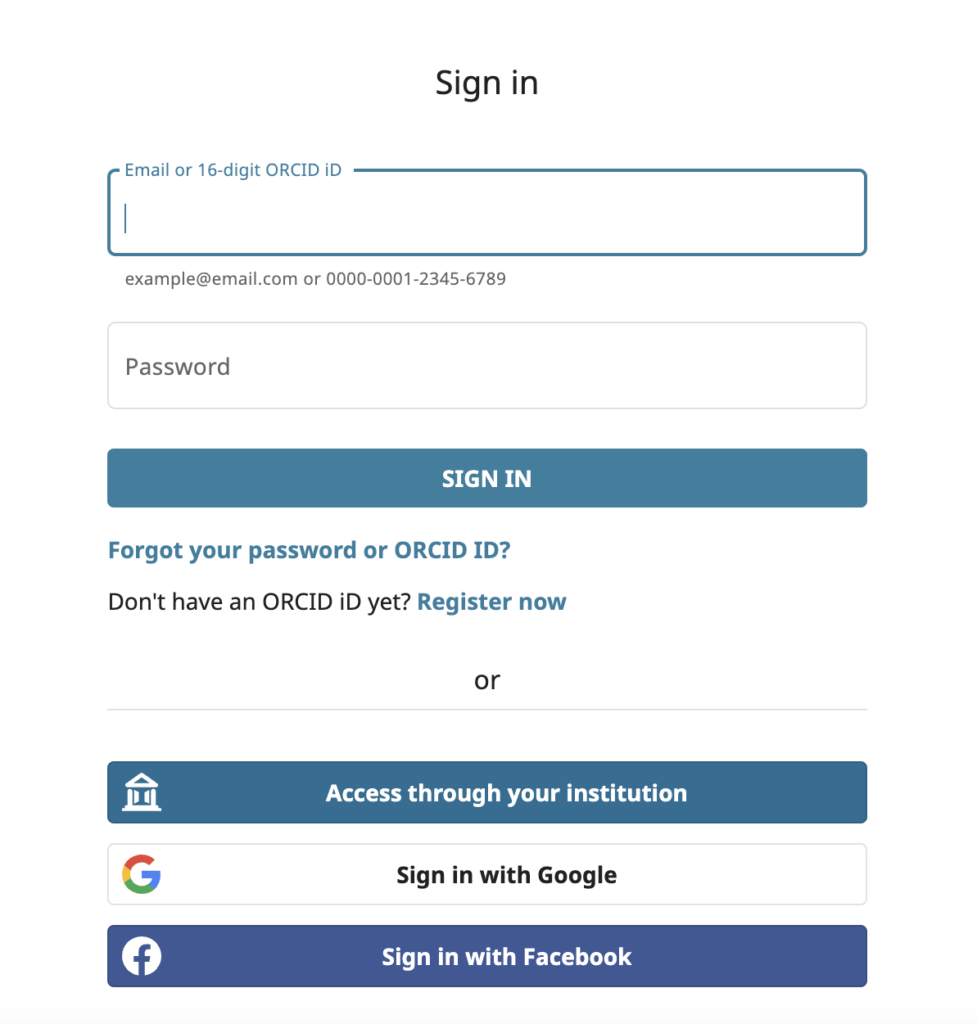 ORCiD login screen