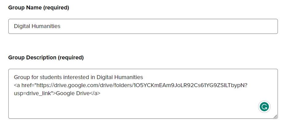 Group Name and Group Description text boxes. Group Description has the hyperlink code filled out with a Google Drive link.