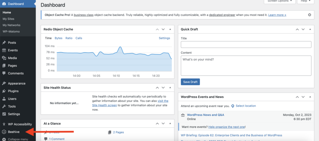 A screenshot of the WordPress admin panel with an arrow pointing to the Beehive option on the nav panel. 