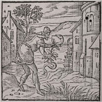 Fig. 5   Emblem ‘In deprehensum’ (Caught!) illustrating the adage Folio ficulno tenes anguillam (You hold an eel in a fig leaf). Andrea Alciato, Emblemata, Leiden: Plantin, 1591, p. 38.