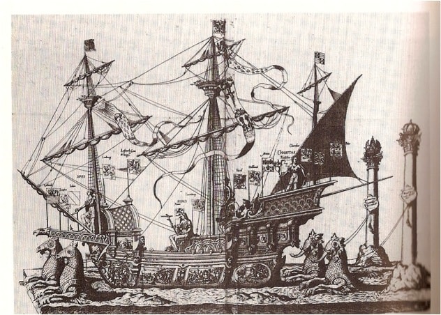 Fig. 6Allegorical ship for the obsequies of Charles V in Brussells, 1558. Engraving from J. and L. Duetecum, Magnifique et somptueuse Pompe funèbre faite aux obsequies et funerailles de tres victorieus emperor Charles V, Antwerp : Plantin, 1559 (Antwerp, Plantin-Moretus Museum, Inv.R.44.8).