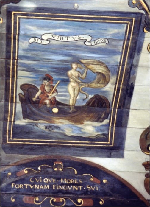 Fig. 9Pinkie House, Musselburgh, emblem Sit Virtus Typhis (Let Typhis be Virtue) from painted ceiling of Long Gallery, c. 1613.