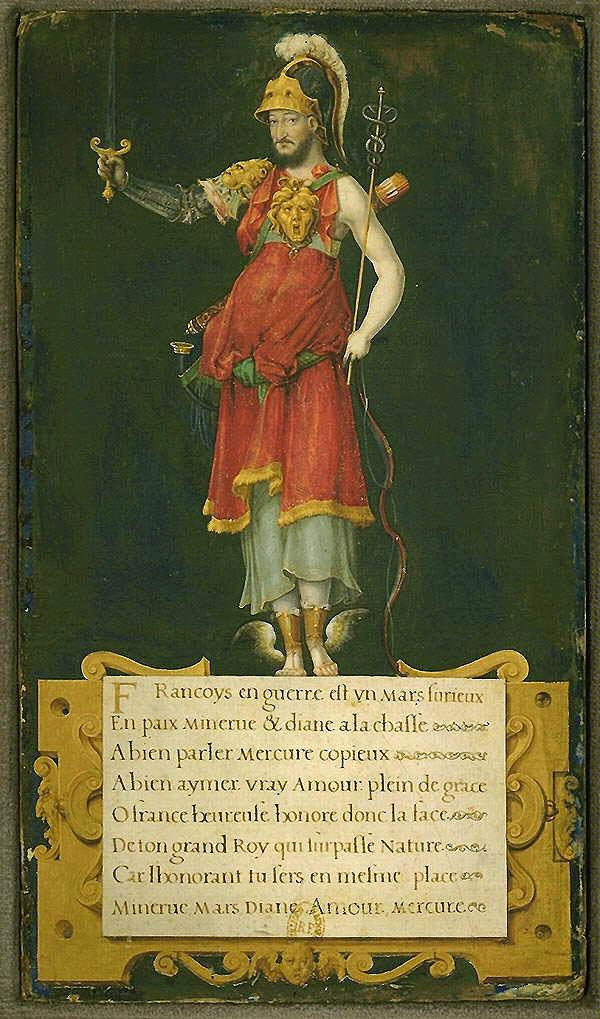 Fig. 1   François I as a transgendered, composite deity combining the attributes of  Minerva, Mars, Mercury and Diana. Parchment pasted on panel, c. 1545 (Département des Estampes et de la Photographie, Na 255 Rés.)