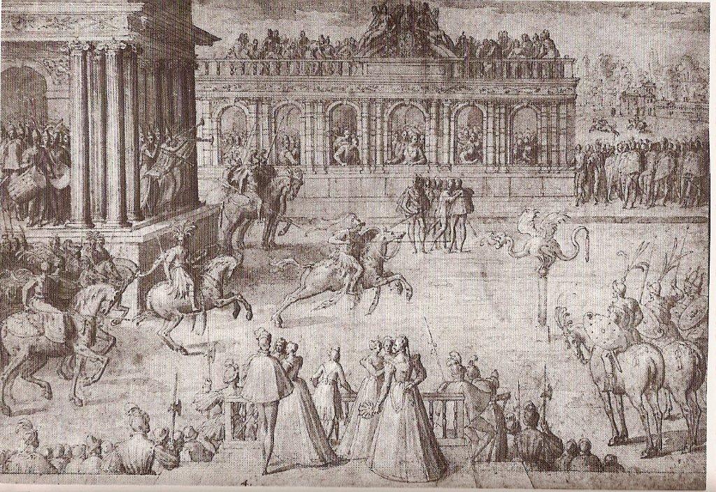 Fig. 2The Bayonne magnificences, 1565, opening tournament showing Charles IX tilting at the quintain whilst his brother Henri follows, dressed as an Amazon. Antoine Caron, attrib., drawing. (Courtauld Institute, University of London.)