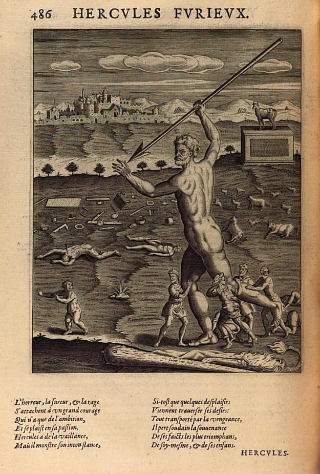 Fig. 17‘Hercules Furieux’ as illustrated in Philostratus, Les Images, translated by Blaise de Vigenère, Paris 1614, repr. 1637: 486. Photo Bayerische Staatsbibliothek. Fig. 17‘Hercules Furieux’ as illustrated in Philostratus, Les Images, translated by Blaise de Vigenère, Paris 1614, repr. 1637: 486. Photo Bayerische Staatsbibliothek.