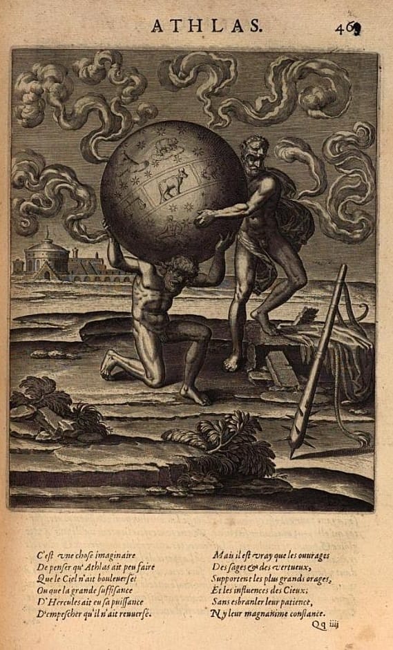 Fig. 19 ‘Atlas’ as illustrated in Philostratus, Les Images, translated by Blaise de Vigenère, Paris 1614, repr. 1637: 463. Photo Bayerische Staatsbibliothek. Fig. 19 ‘Atlas’ as illustrated in Philostratus, Les Images, translated by Blaise de Vigenère, Paris 1614, repr. 1637: 463. Photo Bayerische Staatsbibliothek.