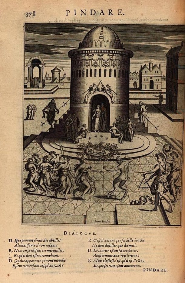 Fig. 4 ‘Pindare’ as illustrated in Philostratus, Les Images, translated by Blaise de Vigenère, Paris 1614, repr. 1637: 378. Photo Bayerische Staatsbibliothek.