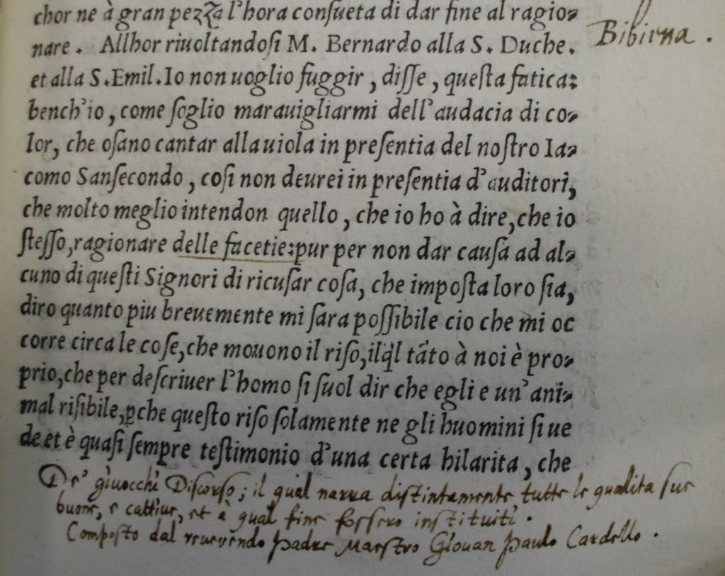 Fig. 3 Harvey’s cross-reference to Cardelli’s De’ giuocchi Discorso (1563), and a marginal cue (‘Bibiena’) identifying Bernardo Bibbiena’s contributions to the discussion of humour in Book 2 (sig. K8r (bottom half), SR Castiglione 1541 (2), UCL Library Services, Special Collections.)