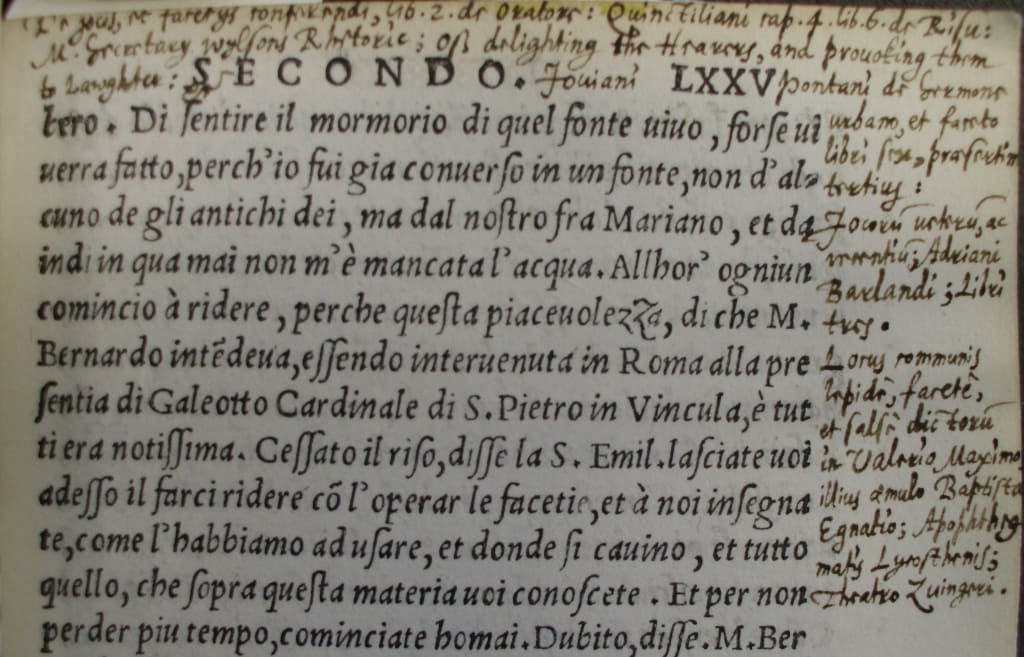 Fig. 4 Harvey’s polyglot annotation, cross-referencing a range of classical and early modern authorities on jesting (sig. K8r (top half), SR Castiglione 1541 (2), UCL Library Services, Special Collections.)