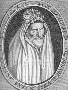 Engraving of Donne in his funeral shroud by Martin Droeshout, which was the basis of his grave statue.