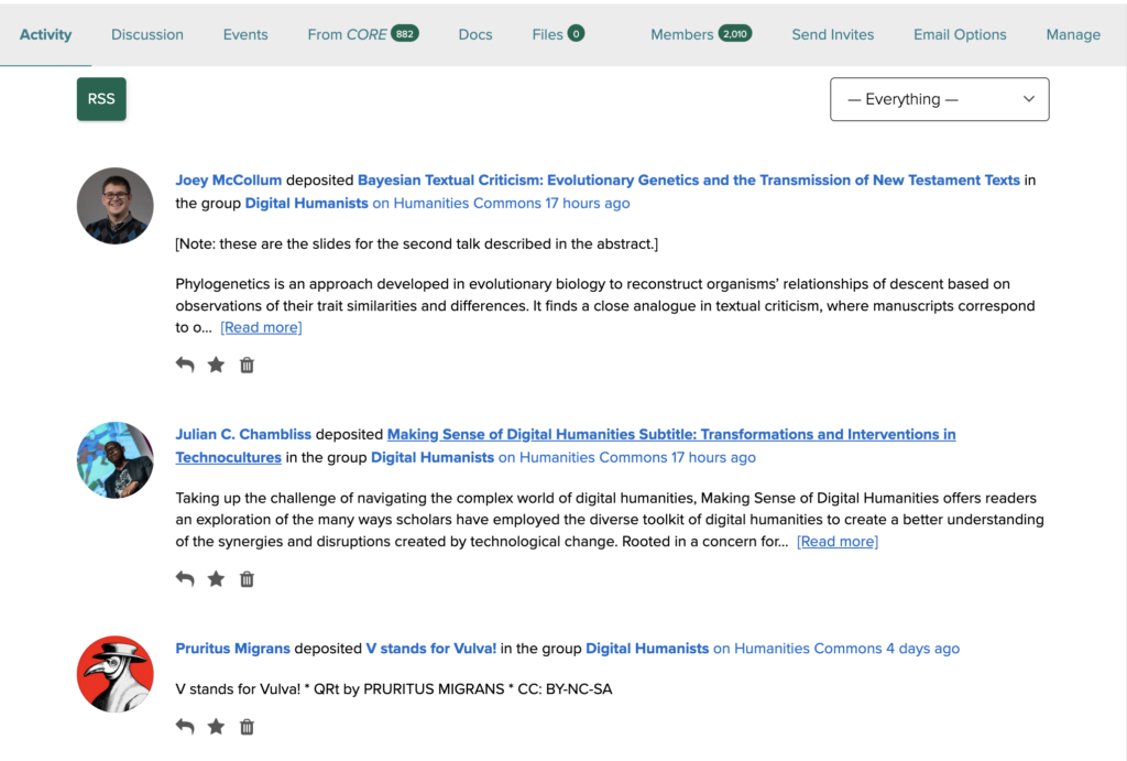 Activity feed of the Digital Humanists group showing a list of activities along with buttons to reply, favorite, or trash those activities.