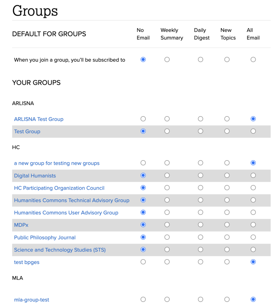 Example of group subscription settings page.