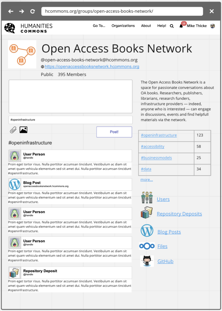 A screenshot of a redesigned Commons group for the Open Access Books network. It shows a prominent textbox for posting to the group, an activity feed, hashtags that are clickable, and a set of links to associated services.