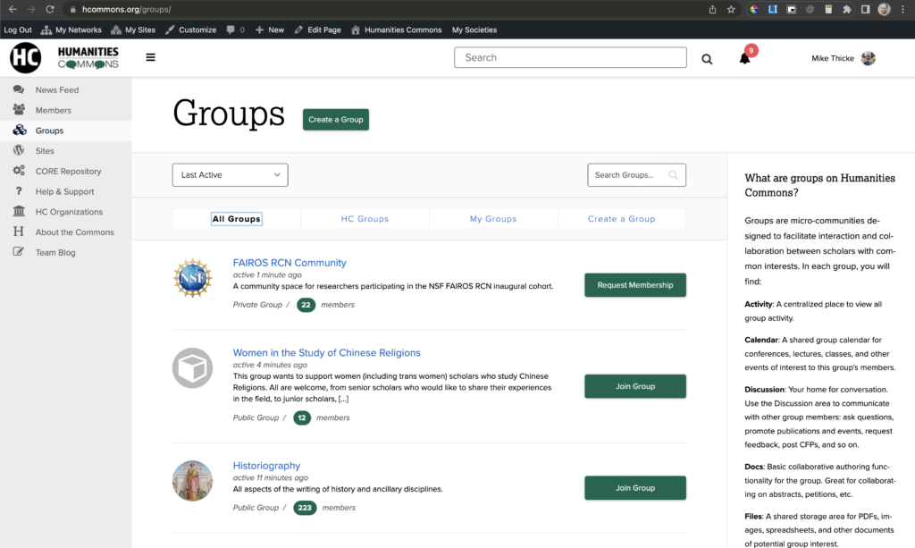 Screenshot of the groups landing page on Humanities Commons.