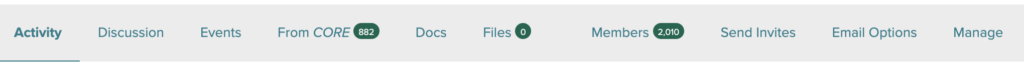 The groups navigation bar, showing Activity, Discussion, Events, From CORE, Docs, Files, Members, Send Invites, Email Options, and Manage menu items.