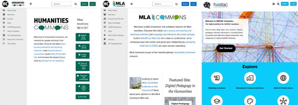 Homepages of Humanities Commons, MLA Commons, and HASTAC Commons