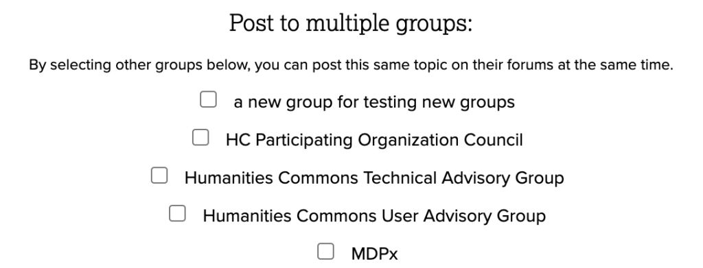 A list of checkboxes illustrating how a post can be made to multiple groups.