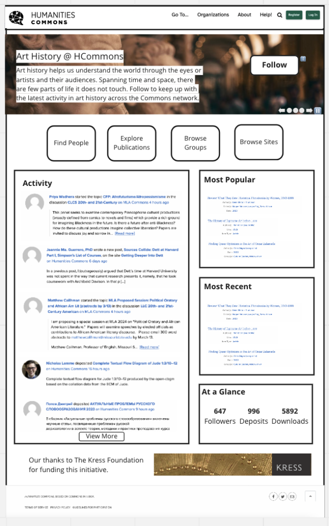 Screenshot of a mockup for an Art History disciplinary home with a short description, follow button, activity feed, and statistics.