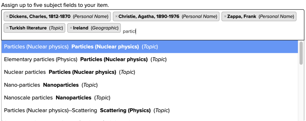 A screenshot of the CORE subject selection field live querying the FAST metadata API.
