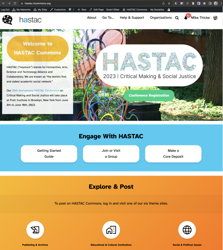 Screenshot of the HASTAC frontpage built with the WordPress block editor.