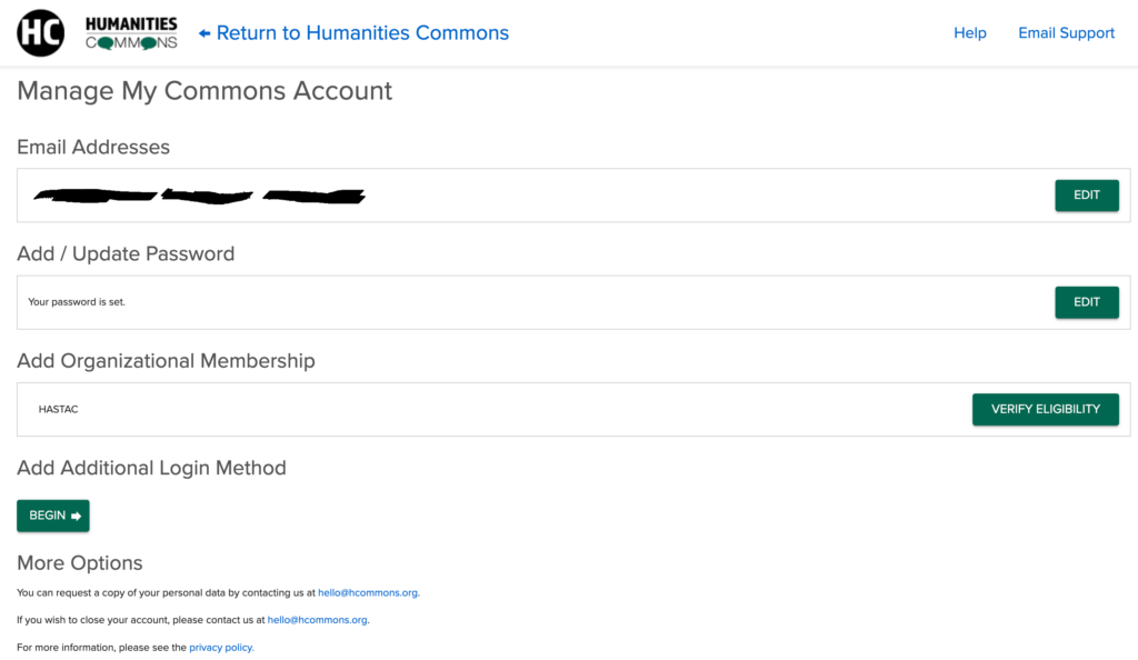 Screenshot of the user self-service dashboard, with options to manage email addresses, add or update your password, add organizational memberships, and add additional login methods.