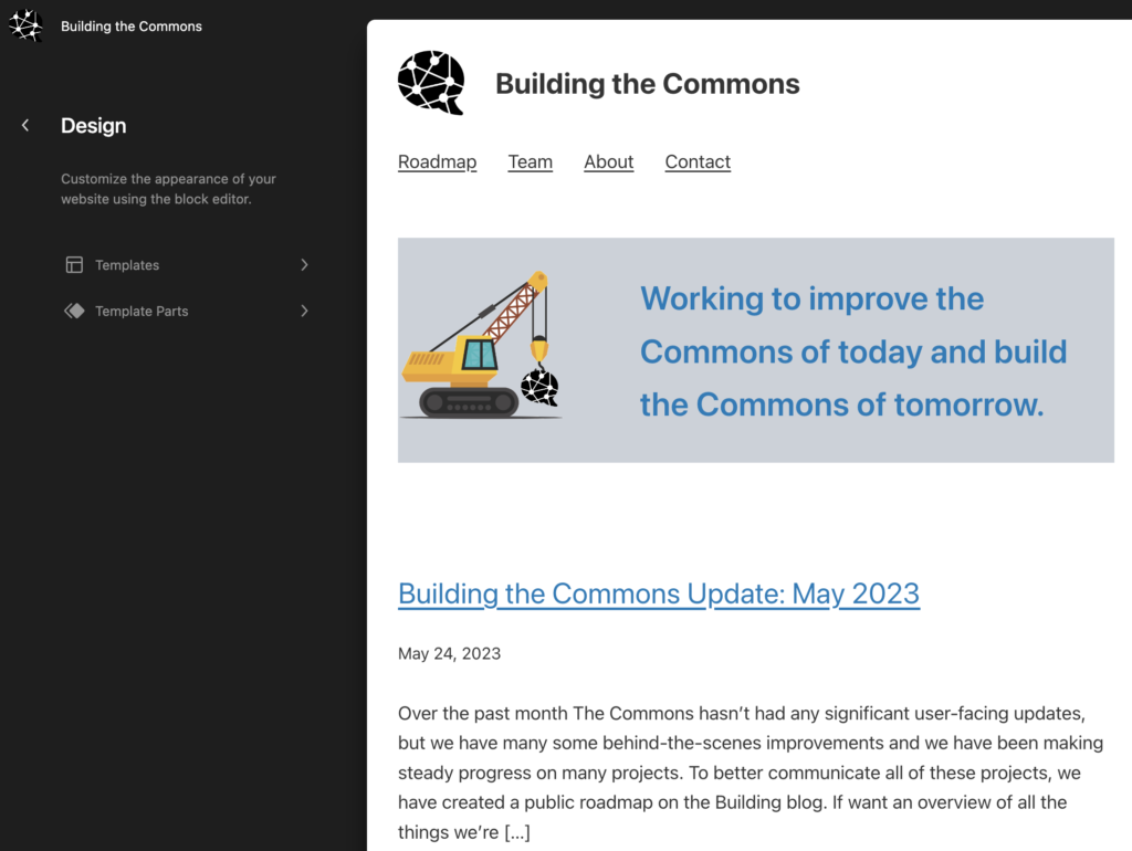 Screenshot of the site editor showing the design sidebar alongside the front page of the Building blog.
