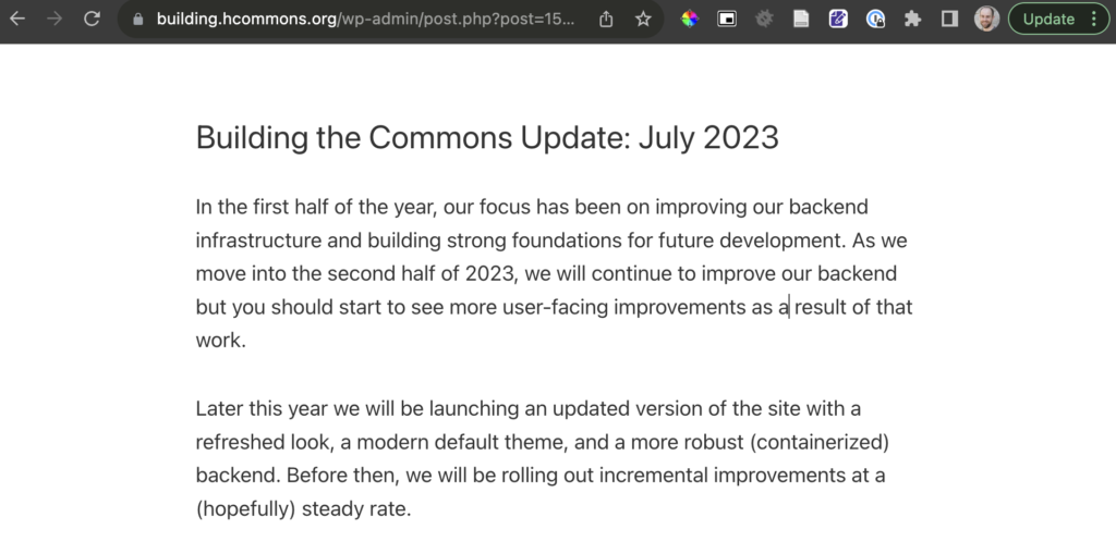 Screenshot of the post editor in Distraction Free mode, which removes all controls from the page leaving just text.