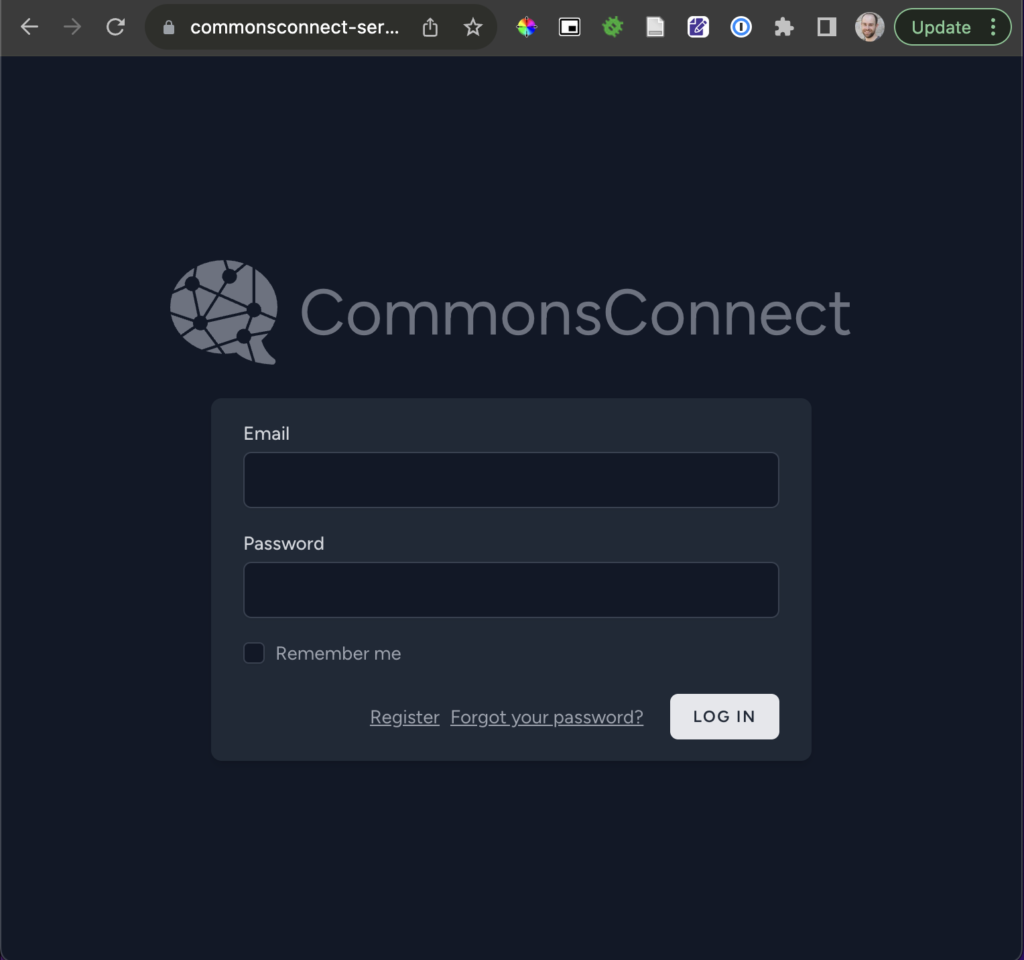 The CommonsConnect server login screen with the Commons network log and a simple login interface.